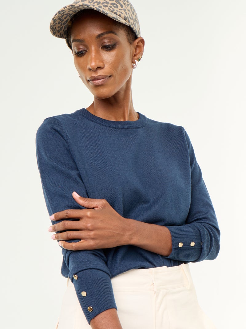 Camisola de gola redonda em malha fina Azul - Kiabi