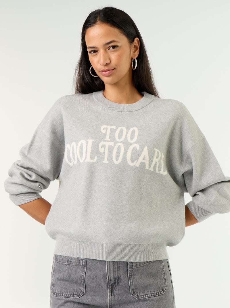Camisola de gola redonda em malha suave com inscrição Cinza - Kiabi