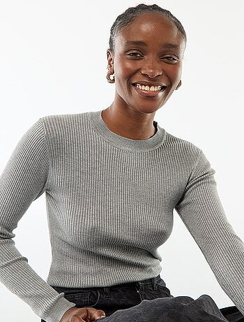 Camisola de gola redonda em rib canelado