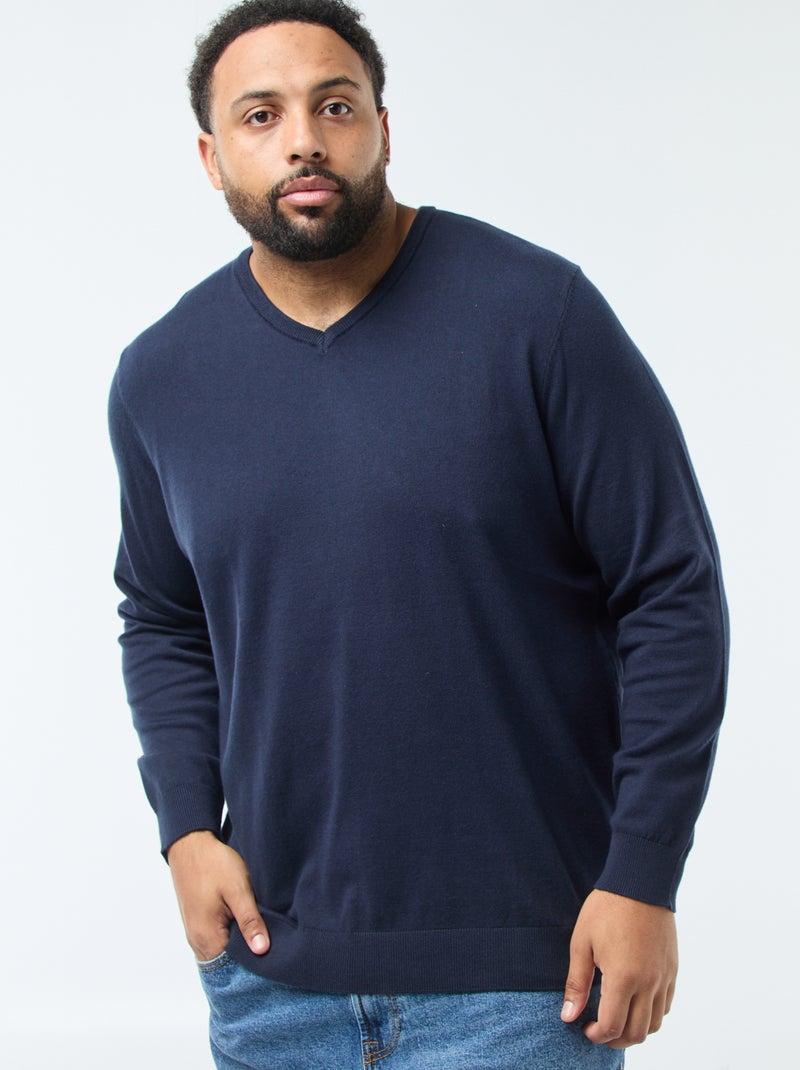 Camisola de Gola V em Malha Fina Azul - Kiabi