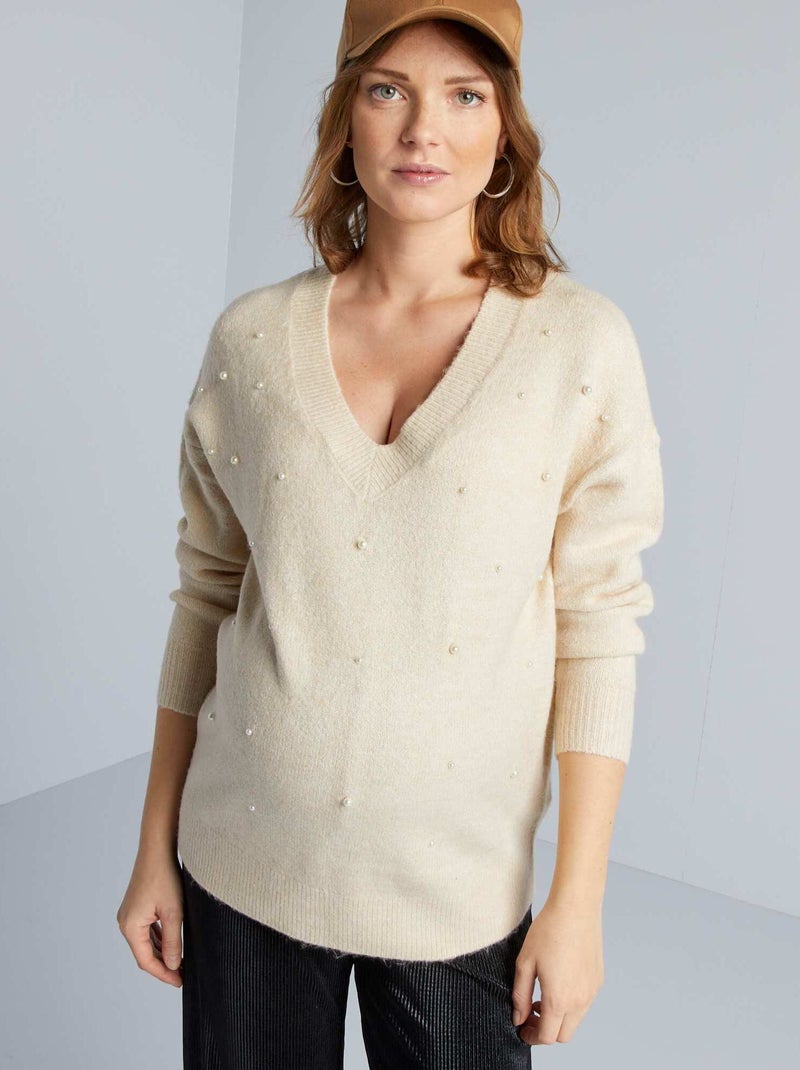 Camisola de grávida em malha de tricô com pérolas BEGE - Kiabi
