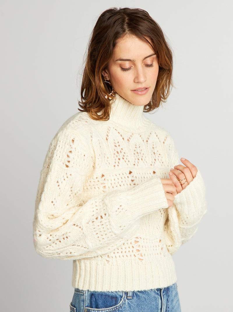 Camisola de malha ajurada de gola alta BEGE - Kiabi