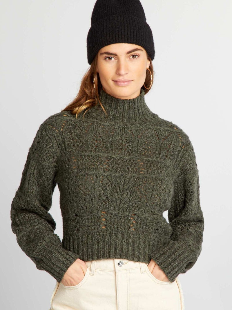 Camisola de malha ajurada de gola alta Verde - Kiabi