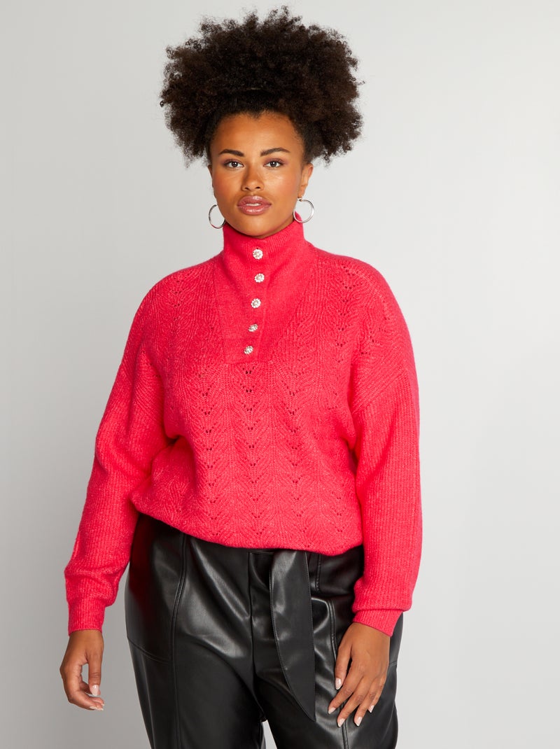 Camisola de malha ajurada e gola de fecho Rosa - Kiabi