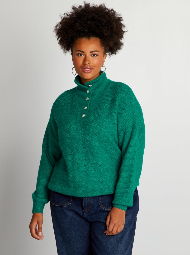 Camisola de malha ajurada e gola de fecho VERDE - Kiabi