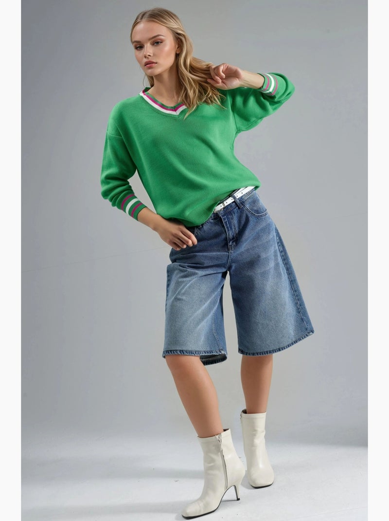 Camisola de malha às riscas com decote em v my fashion Verde - Kiabi