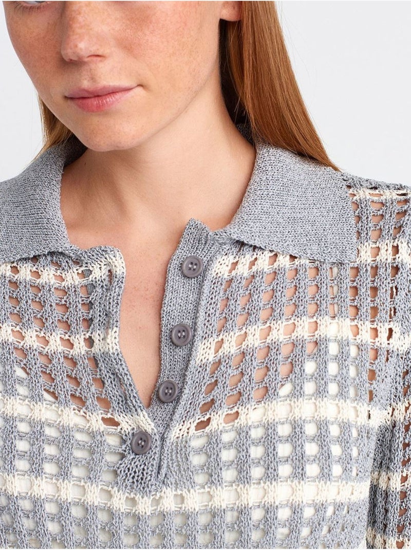 Camisola de malha às riscas com gola polo e botões Cinza claro - Kiabi