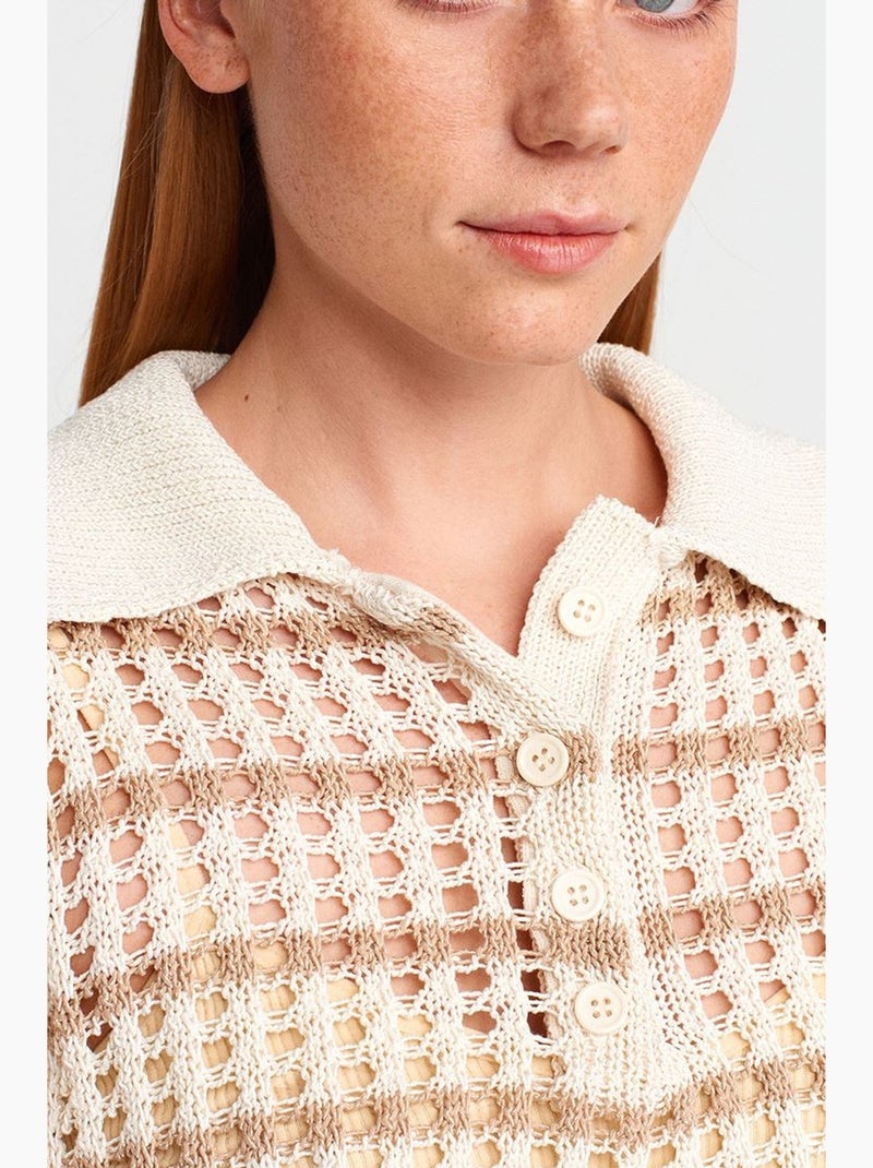 Camisola de malha às riscas com gola polo e botões dilvin Bege claro - Kiabi