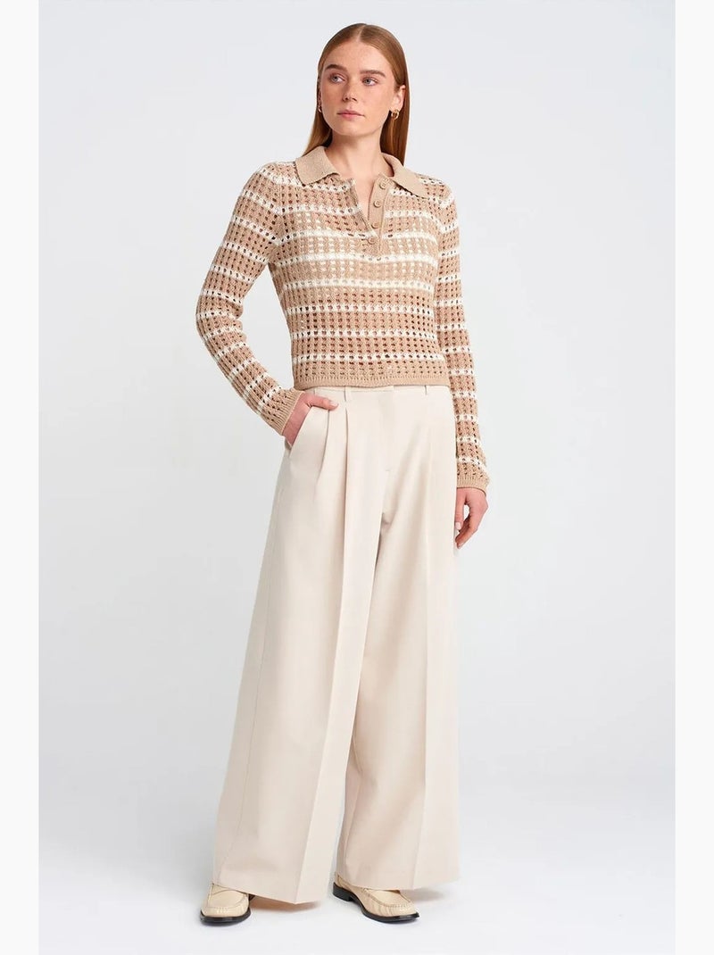 Camisola de malha às riscas com gola polo e botões dilvin Bege natural - Kiabi