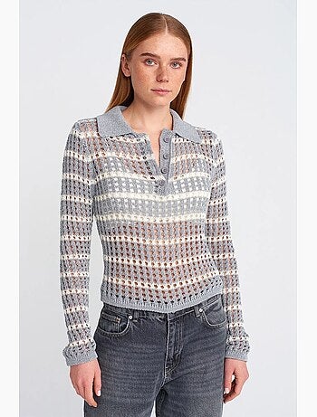 Camisola de malha às riscas com gola polo e botões dilvin