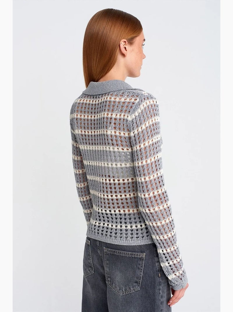 Camisola de malha às riscas com gola polo e botões dilvin Cinza claro - Kiabi