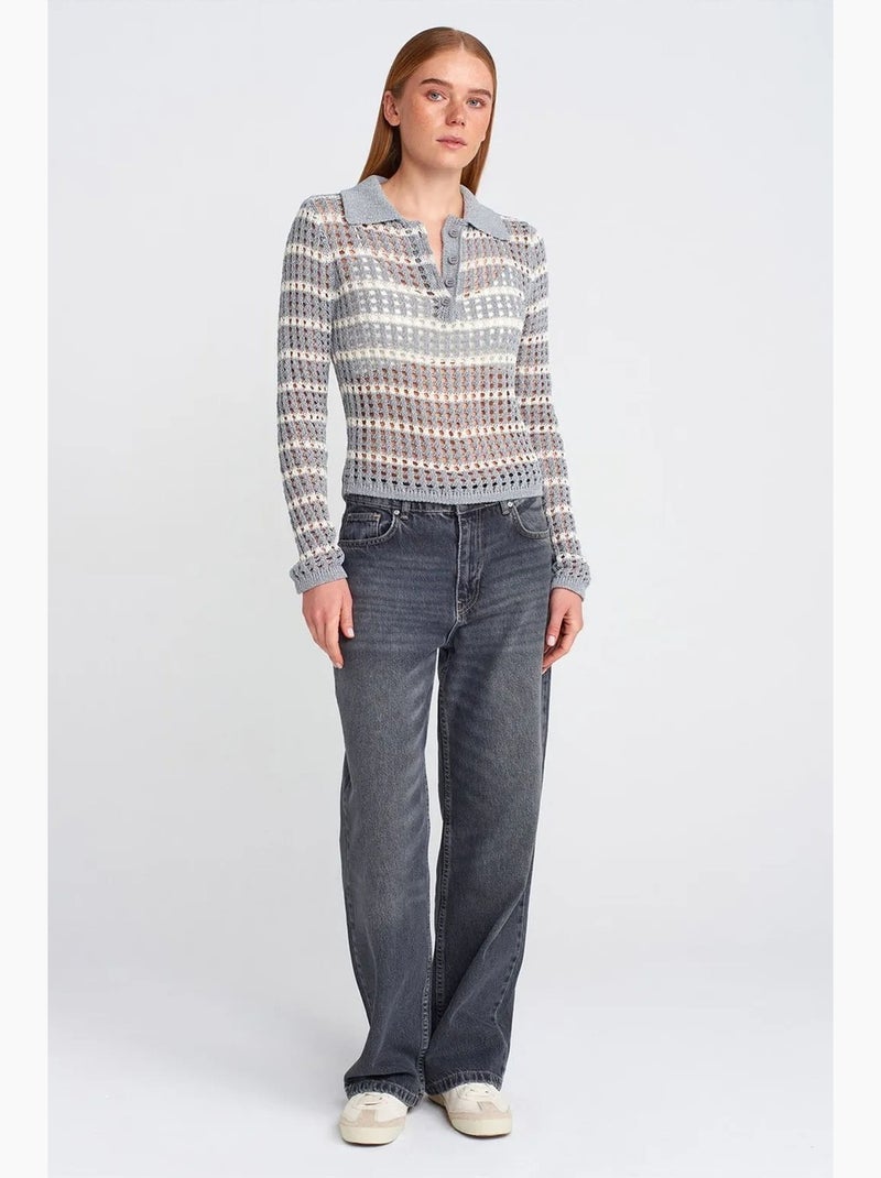 Camisola de malha às riscas com gola polo e botões dilvin Cinza claro - Kiabi