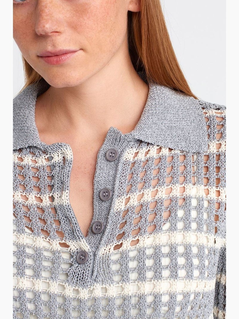 Camisola de malha às riscas com gola polo e botões dilvin Cinza claro - Kiabi