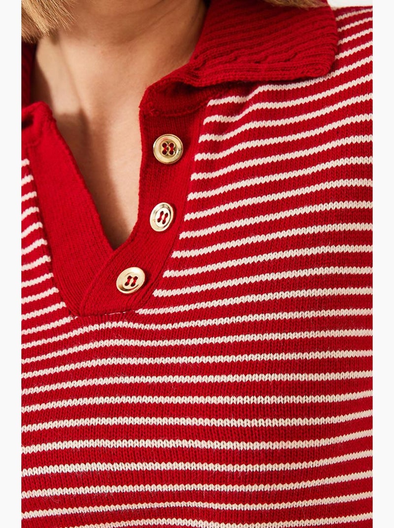 Camisola de malha às riscas com gola polo e detalhe de botões lucci Branco Vermelho - Kiabi