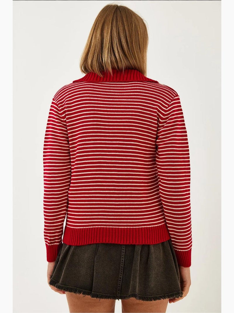 Camisola de malha às riscas com gola polo e detalhe de botões lucci Branco Vermelho - Kiabi