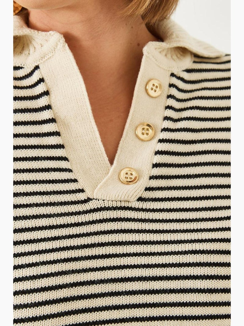 Camisola de malha às riscas com gola polo e detalhe de botões lucci Creme - Kiabi