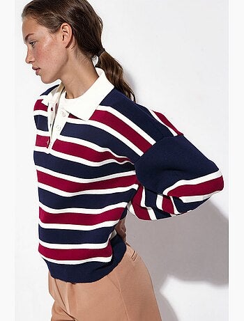 Camisola de malha às riscas com gola polo hiccup