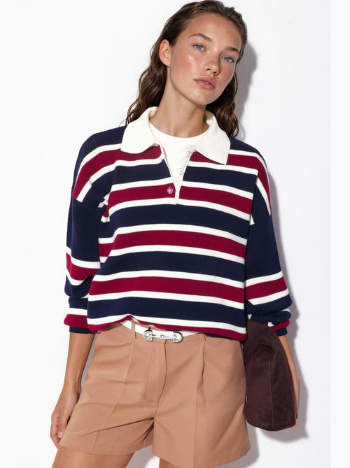 Camisola de malha às riscas com gola polo hiccup - Kiabi