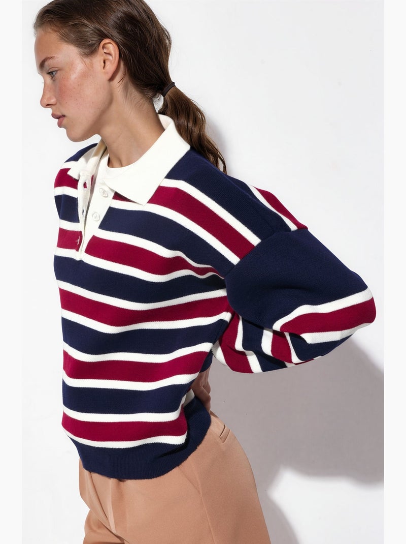 Camisola de malha às riscas com gola polo hiccup Azul-marinho - Kiabi