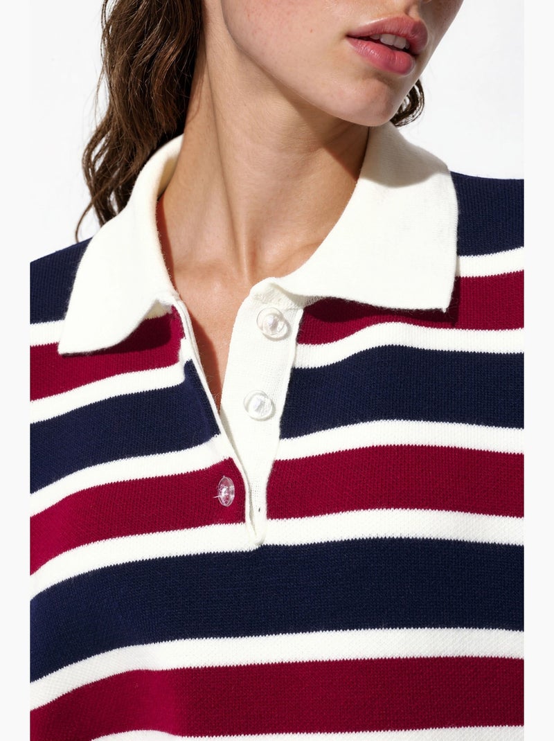 Camisola de malha às riscas com gola polo hiccup Azul-marinho - Kiabi