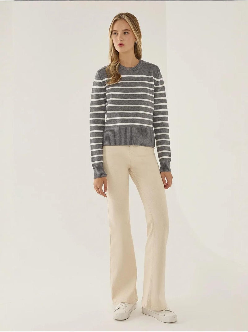 Camisola de malha às riscas com gola redonda hiccup Cinza - Kiabi