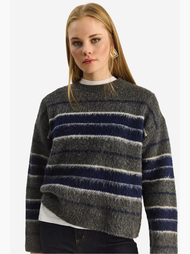 Camisola de malha às riscas com gola redonda lucci Cinza - Kiabi