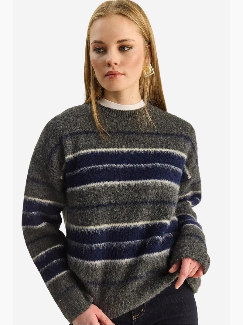 Camisola de malha às riscas com gola redonda lucci Cinza - Kiabi