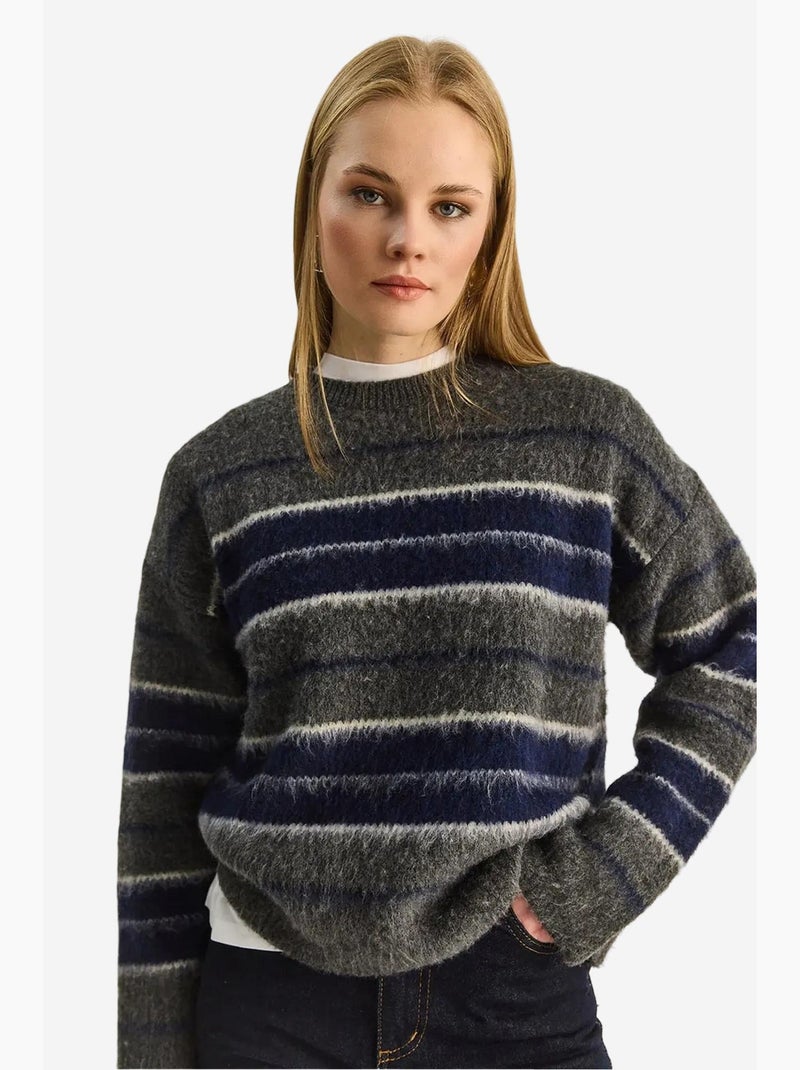 Camisola de malha às riscas com gola redonda lucci Cinza - Kiabi