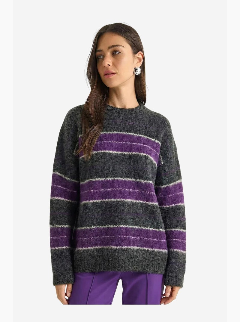 Camisola de malha às riscas com gola redonda lucci Roxo - Kiabi