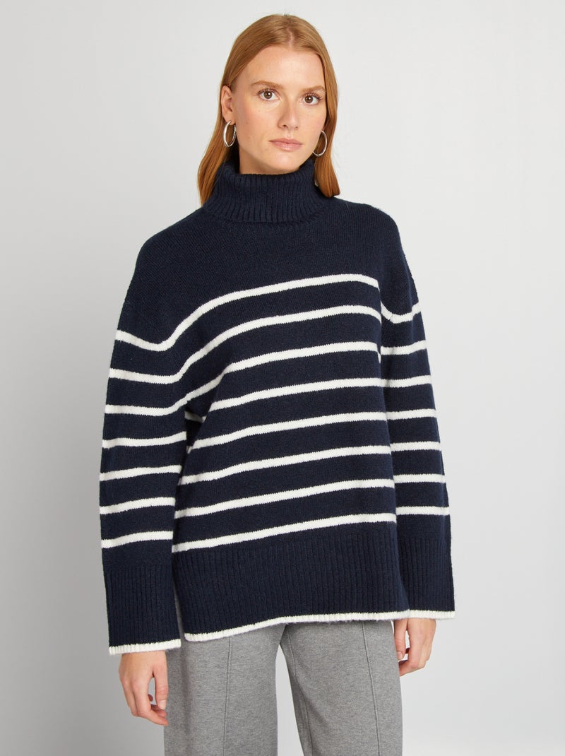 Camisola de malha às riscas com gola subida AZUL - Kiabi