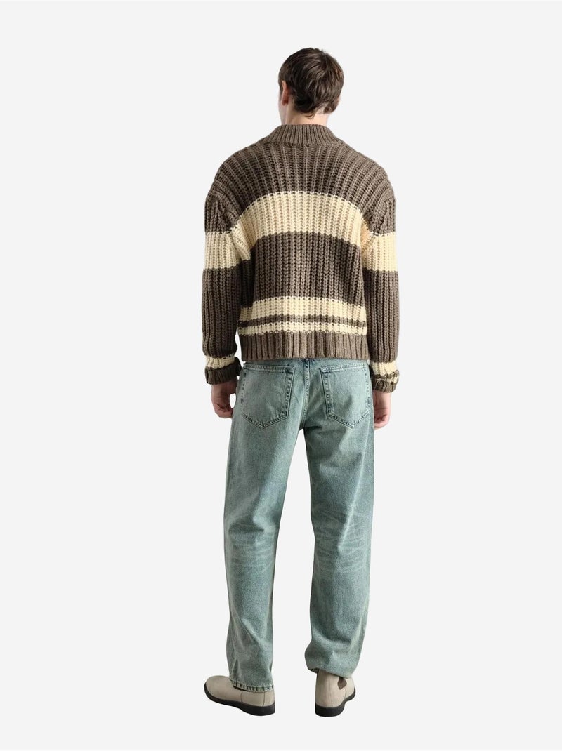 Camisola de malha às riscas regular fit com gola com fecho giesto Castanho-claro - Kiabi