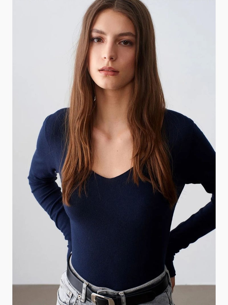 Camisola de malha canelada com decote em v slim fit dilvin Azul-marinho - Kiabi