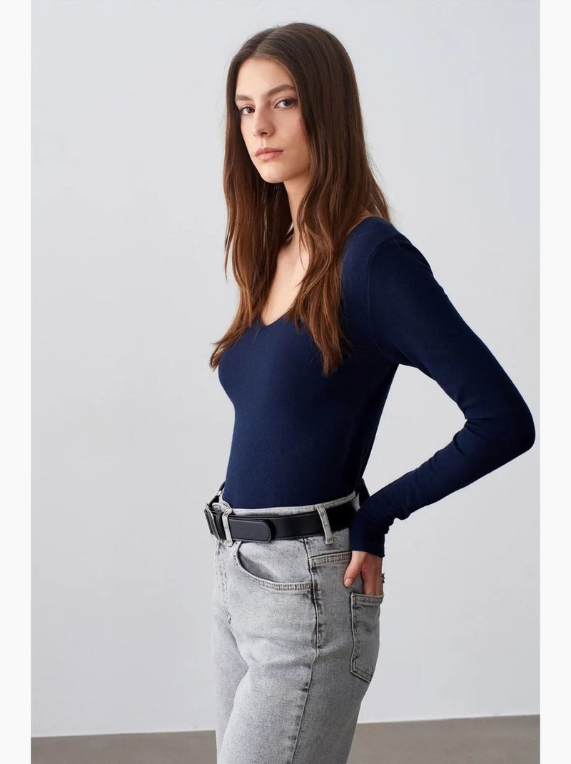 Camisola de malha canelada com decote em v slim fit dilvin Azul-marinho - Kiabi