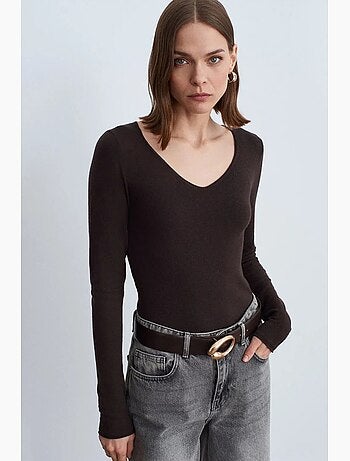 Camisola de malha canelada com decote em v slim fit dilvin