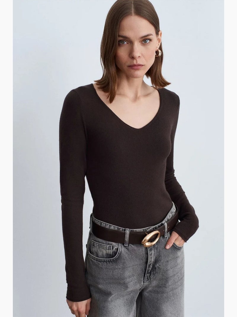 Camisola de malha canelada com decote em v slim fit dilvin Castanho-chocolate - Kiabi