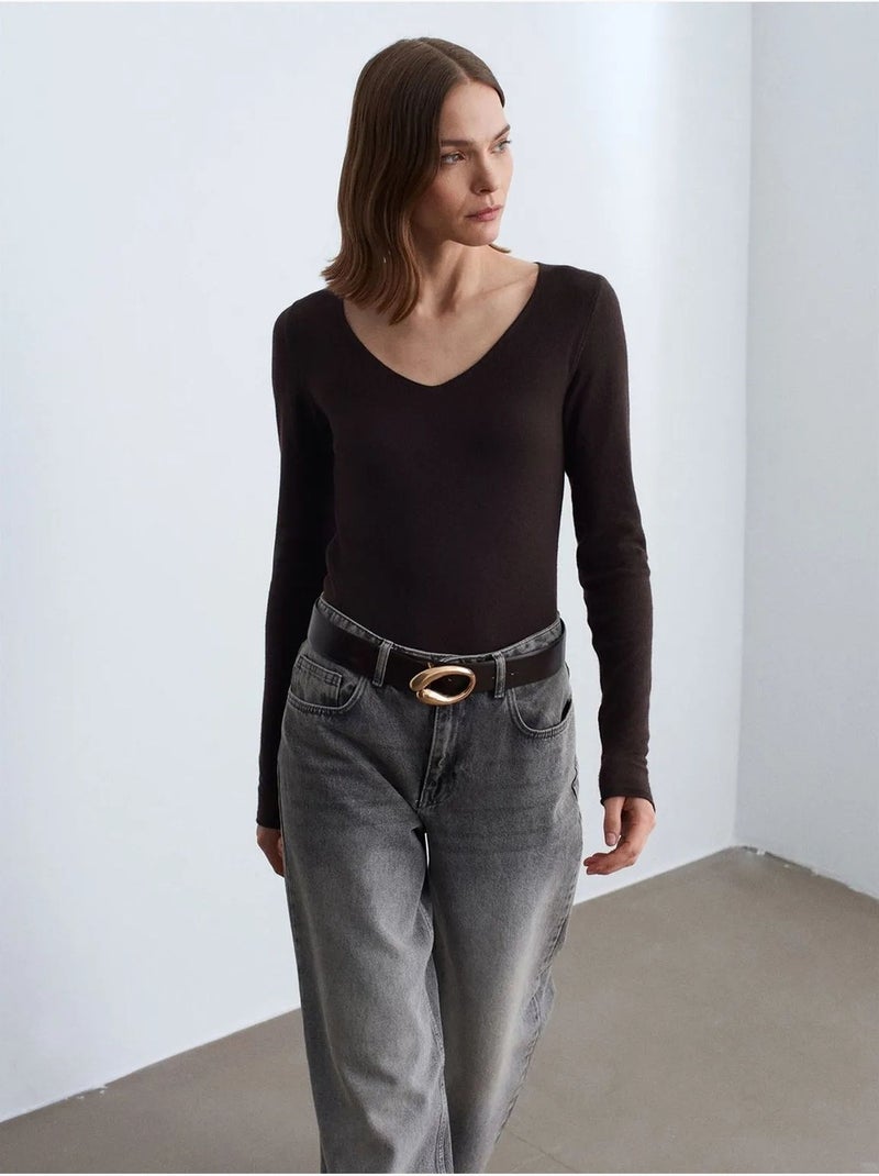 Camisola de malha canelada com decote em v slim fit dilvin Castanho-chocolate - Kiabi