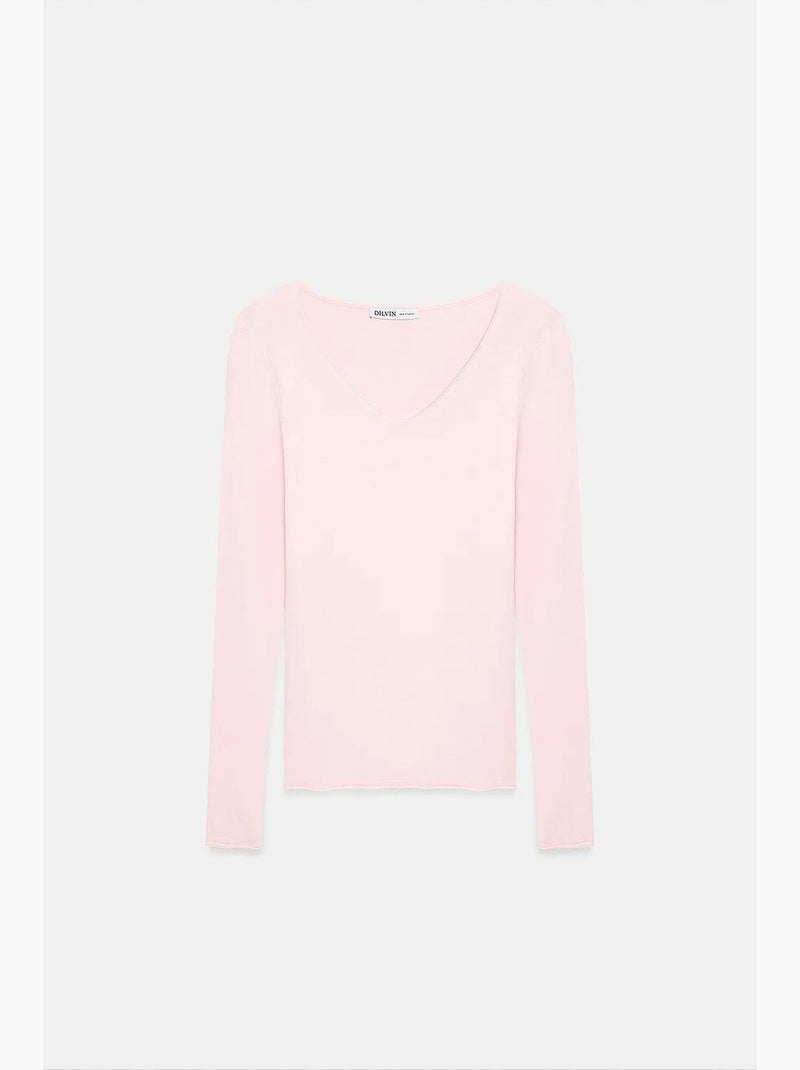 Camisola de malha canelada com decote em v slim fit dilvin Rosa-claro - Kiabi