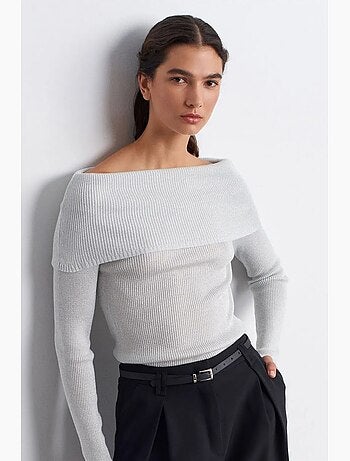 Camisola de malha canelada com decote ombro a ombro ajustada dilvin