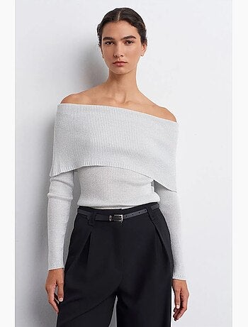 Camisola de malha canelada com decote ombro a ombro ajustada dilvin