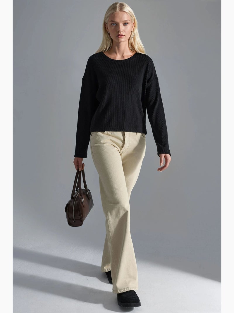 Camisola de malha canelada com decote redondo busem Preto - Kiabi