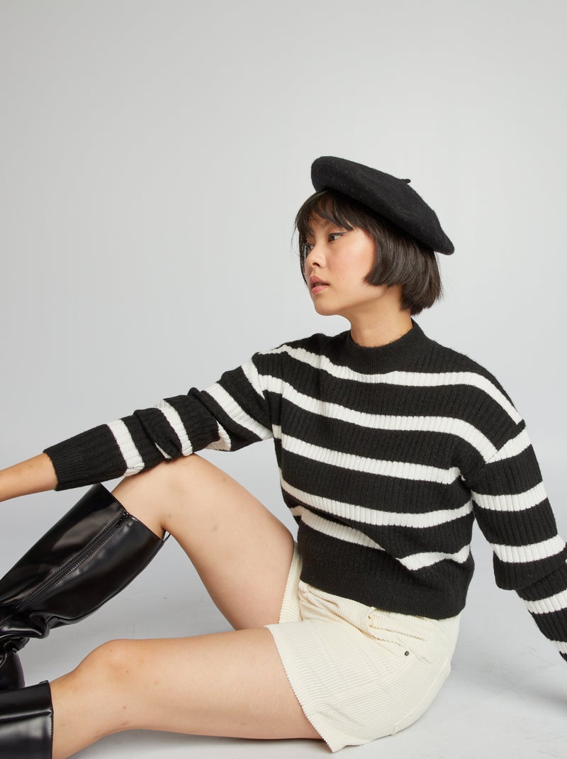 Camisola de malha canelada com gola redonda PRETO - Kiabi