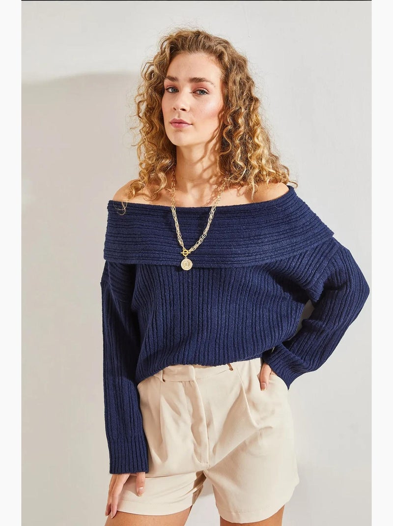 Camisola de malha canelada com ombros descobertos lucci Azul-marinho - Kiabi