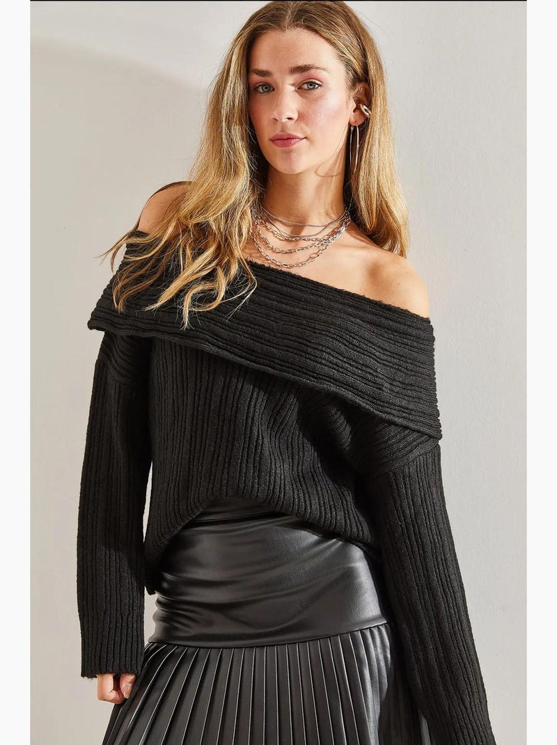 Camisola de malha canelada com ombros descobertos lucci Preto - Kiabi
