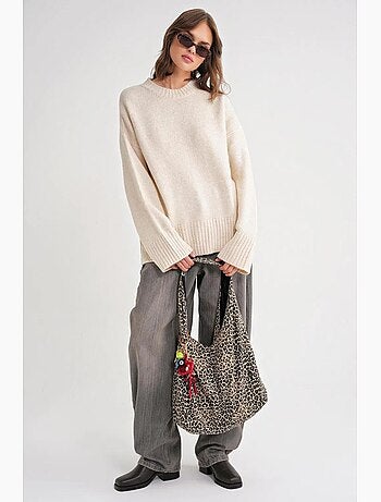 Camisola de malha canelada oversized com gola redonda mixray