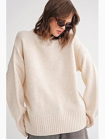 Camisola de malha canelada oversized com gola redonda mixray