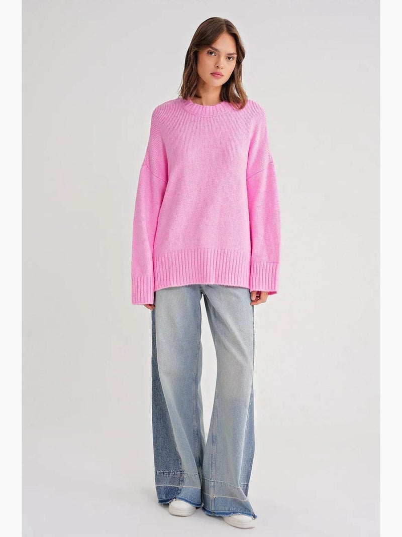 Camisola de malha canelada oversized com gola redonda mixray Rosa-pálido - Kiabi