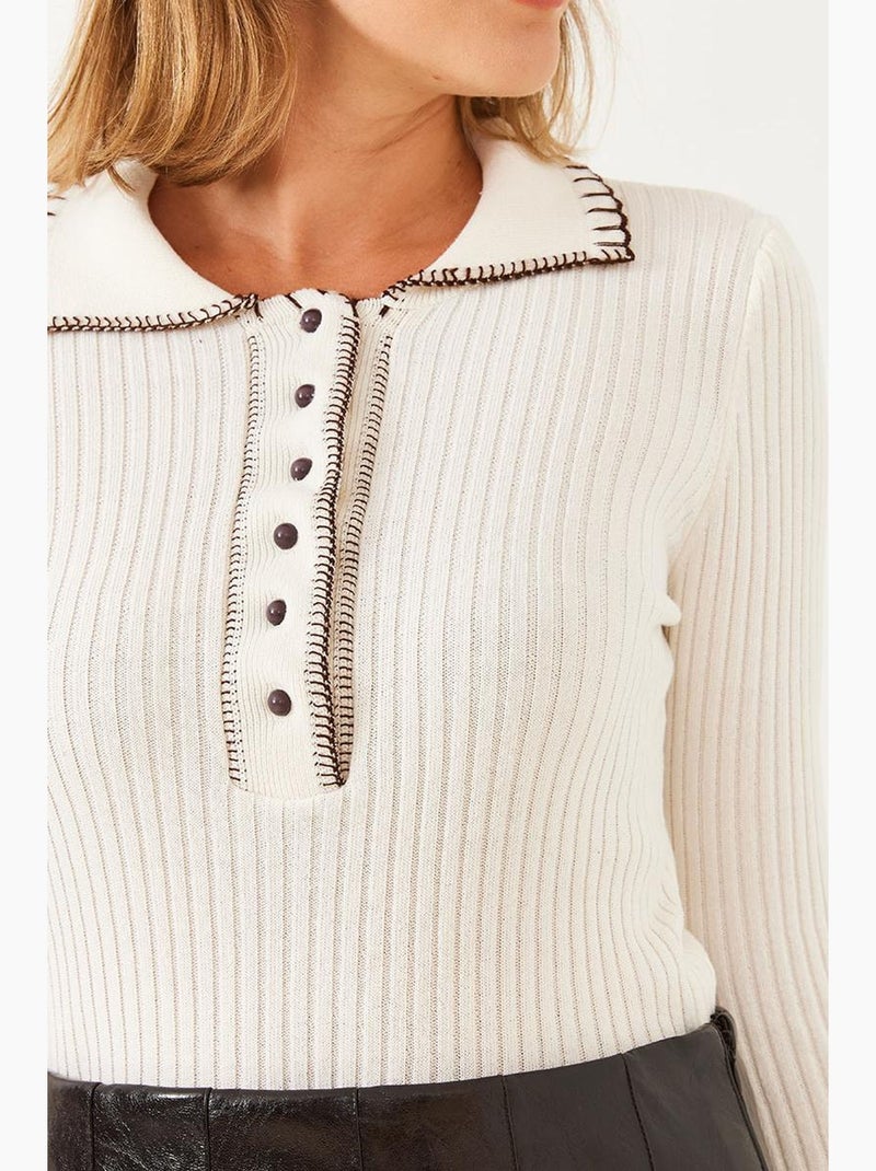Camisola de malha com botões e gola polo lucci Marfim - Kiabi