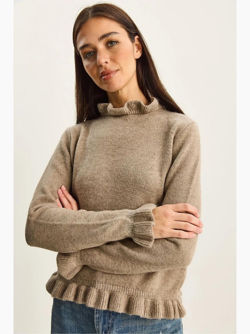 Camisola de malha com botões e meio gola alta com folho lucci Bege-argila - Kiabi