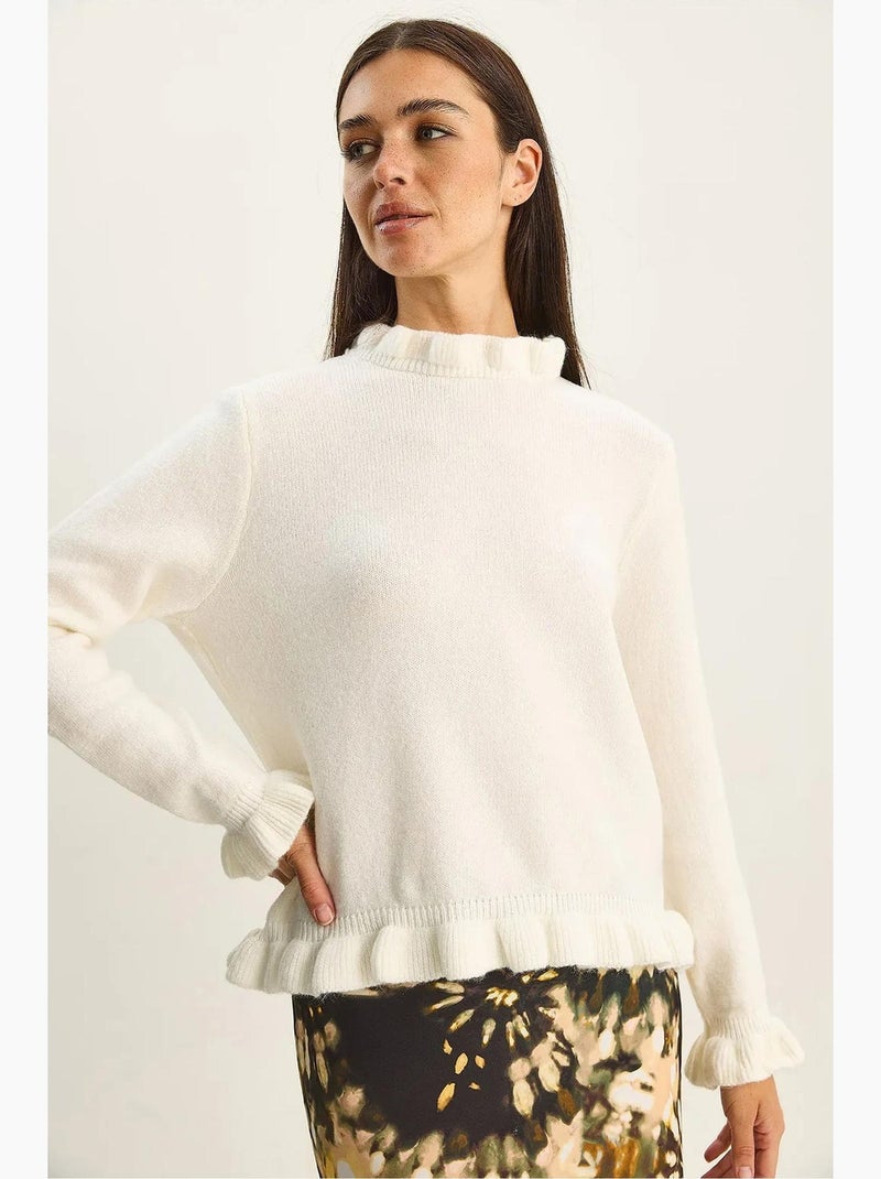 Camisola de malha com botões e meio gola alta com folho lucci Branco sujo - Kiabi