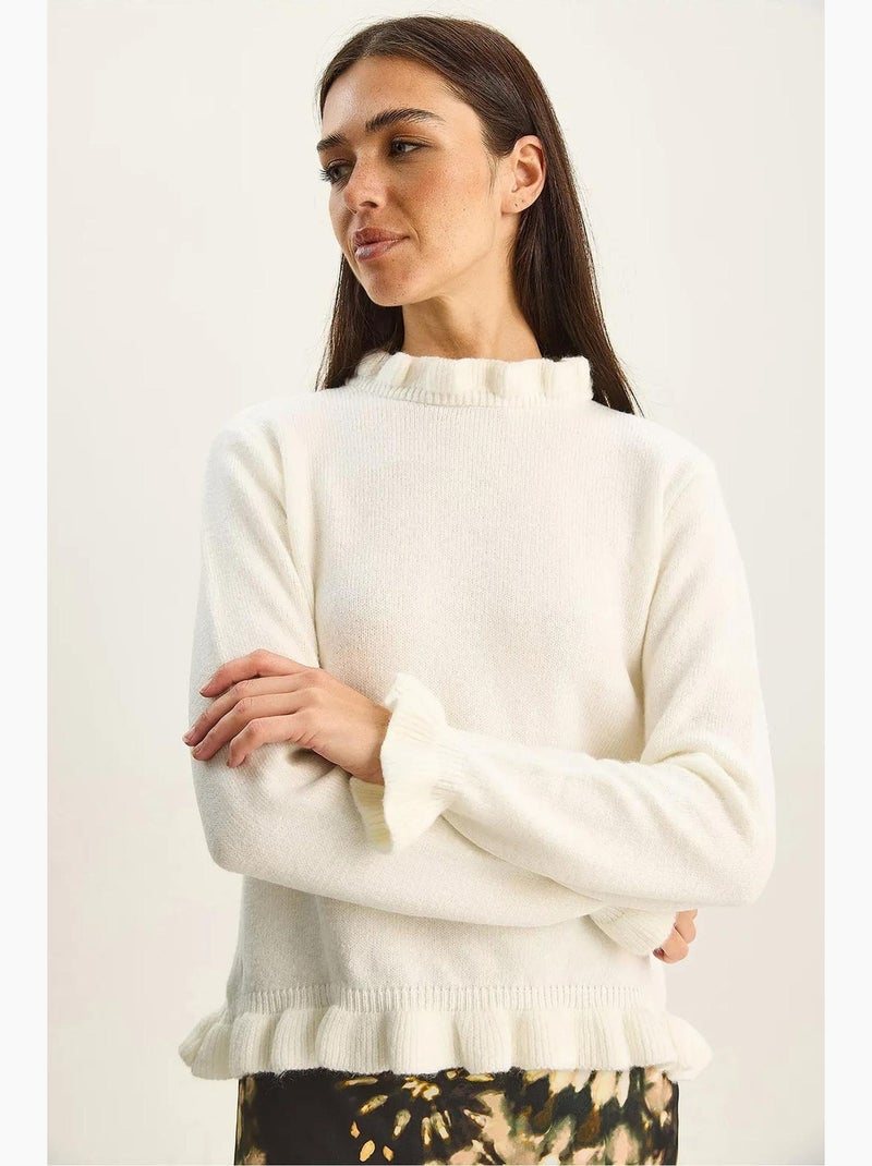 Camisola de malha com botões e meio gola alta com folho lucci Branco sujo - Kiabi
